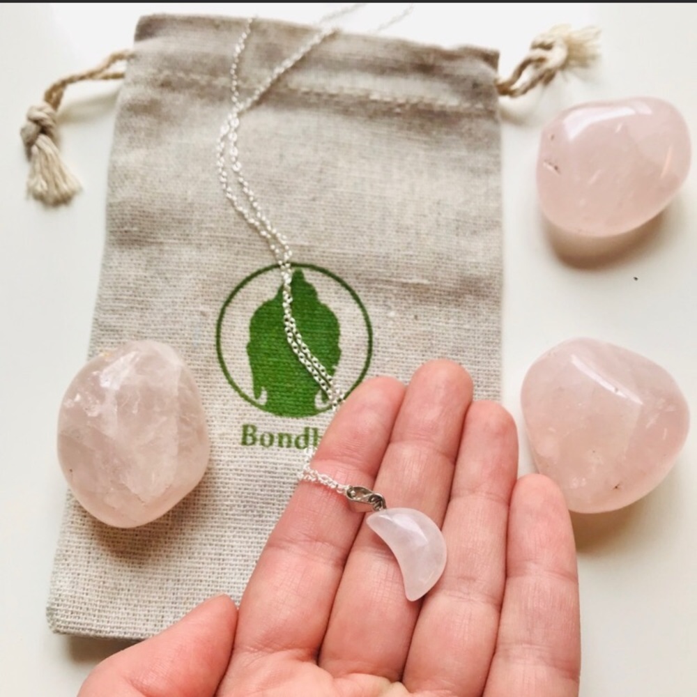 Rose Quartz Moon Pendant with Silver Necklace